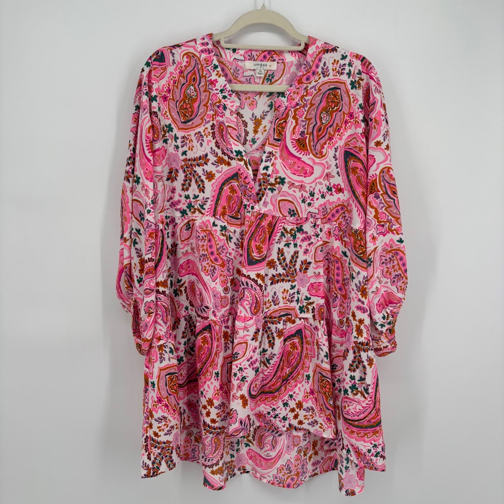 Umgee Pink Paisley Floral Tiered Tunic Top 3/4 Balloon Sleeve Plus Size 1XL - Picture 2 of 8